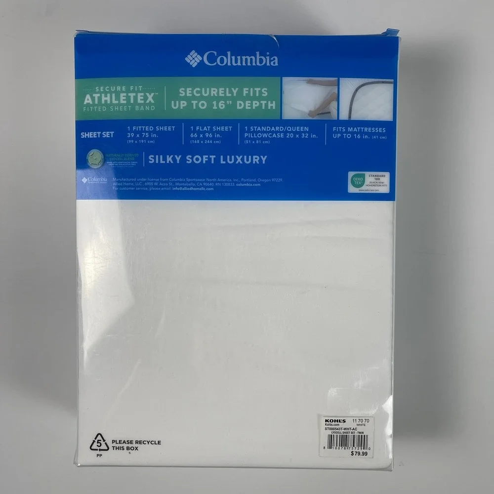 Columbia Silky Soft Luxury Twin Sheet Set White Lyocell Blend 3-Piece Cooling